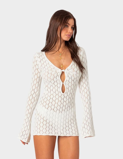 Women's Summer Crochet V Neck Mini Dress With Bell Sleeves