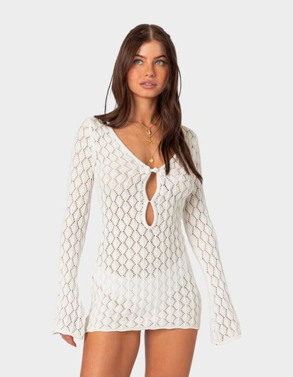 Women's Summer Crochet V Neck Mini Dress With Bell Sleeves