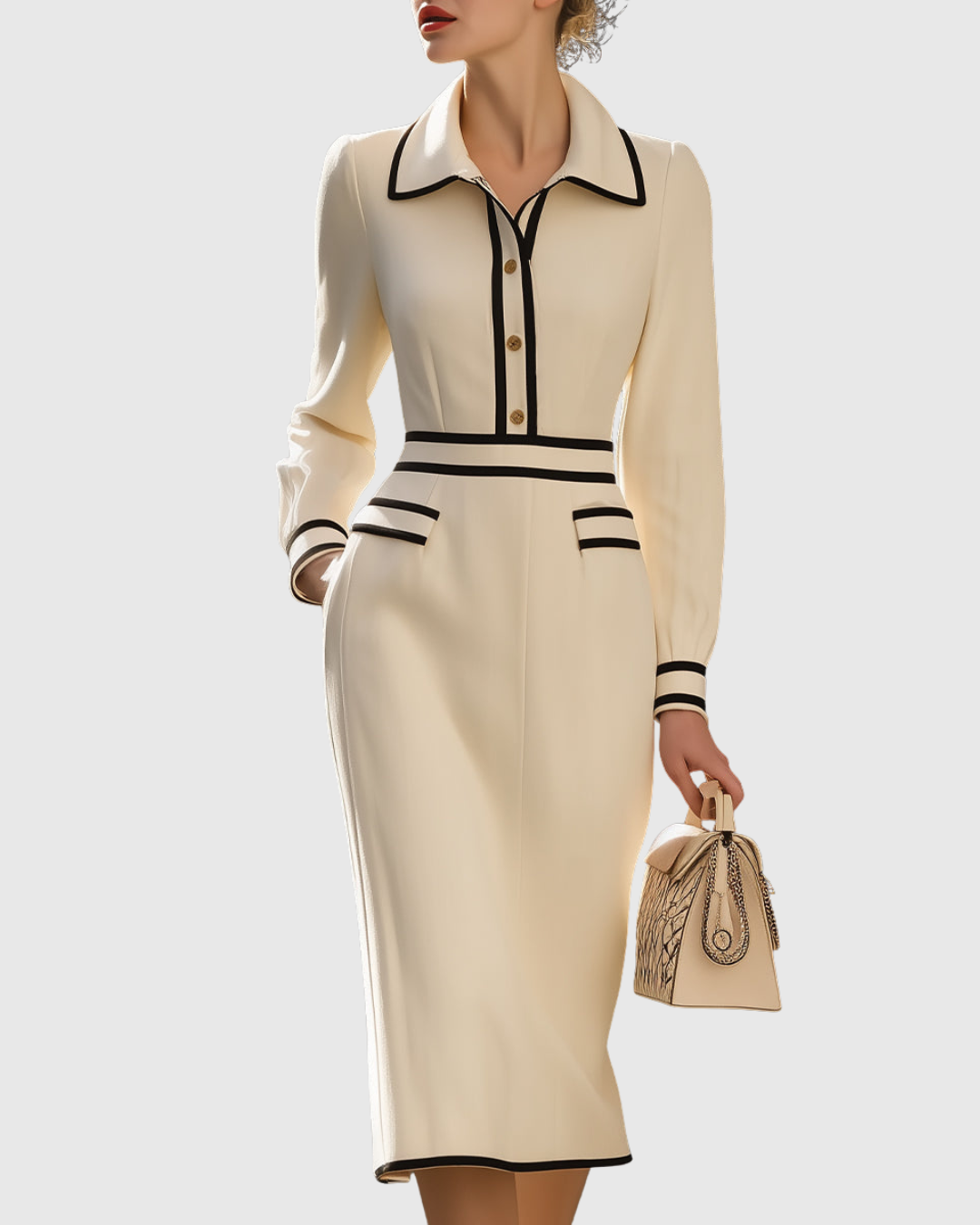 Women's Cocktail Long Sleeve Collared Midi Dress
