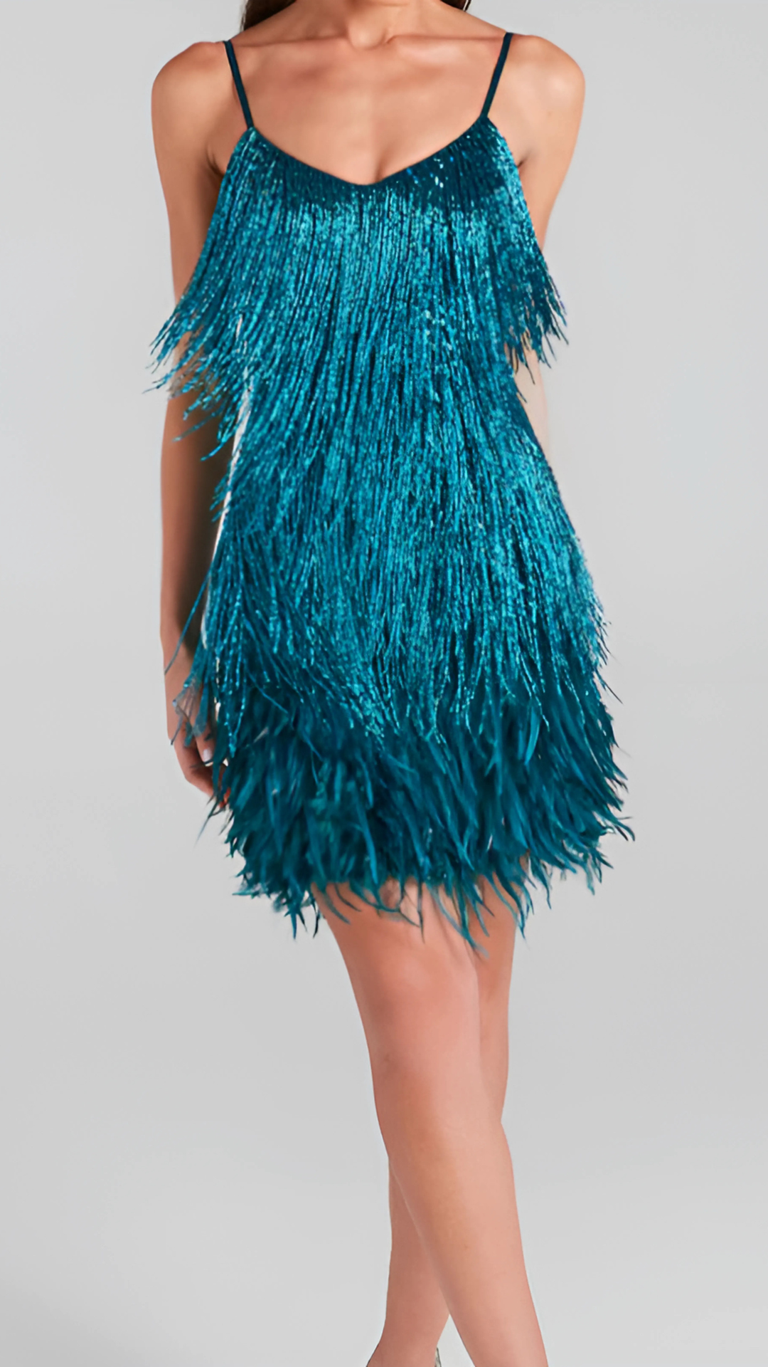 Women's Cocktail Sequin Fringe V Neck Mini Dress