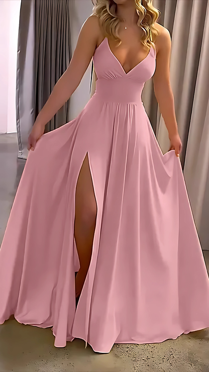 Women's Wedding Guest V Neck Sleeveless Slit Maxi Dress