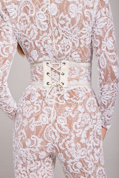 Women's Cocktail Sequin Lace Long Sleeve Wide Leg Jumpsuit