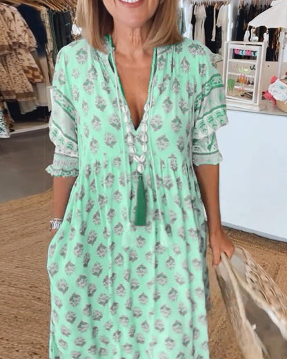 Women's Summer Floral V Neck Maxi Dress with Tassel Tie