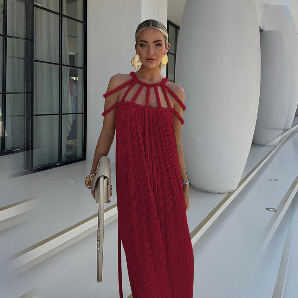 Women's Resort Maxi Cage Neck Column Dress with Belt