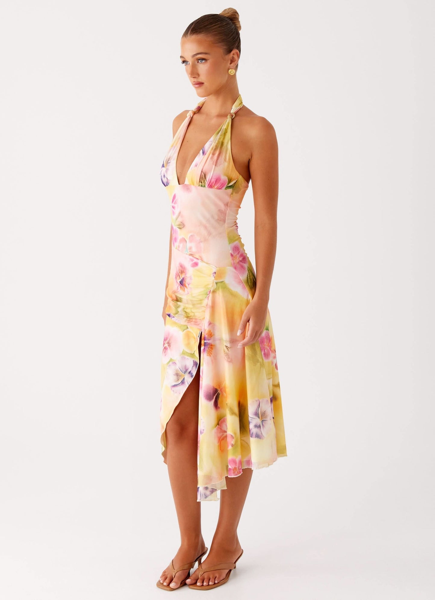 Women's Wedding Guest Floral Halter V Neck Midi Dress