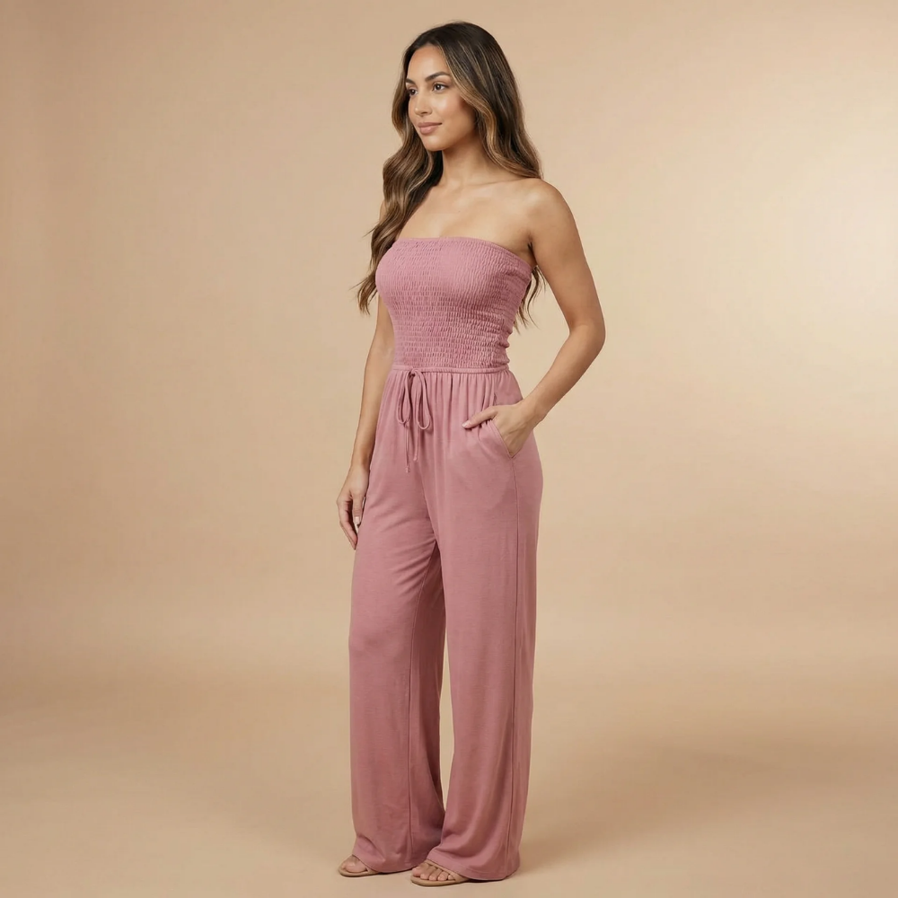 Women's Strapless Wide Leg Jumpsuit With Pockets