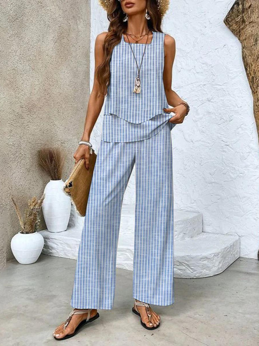 Women's Vacation Sleeveless Blouse and Wide Leg Pants Set