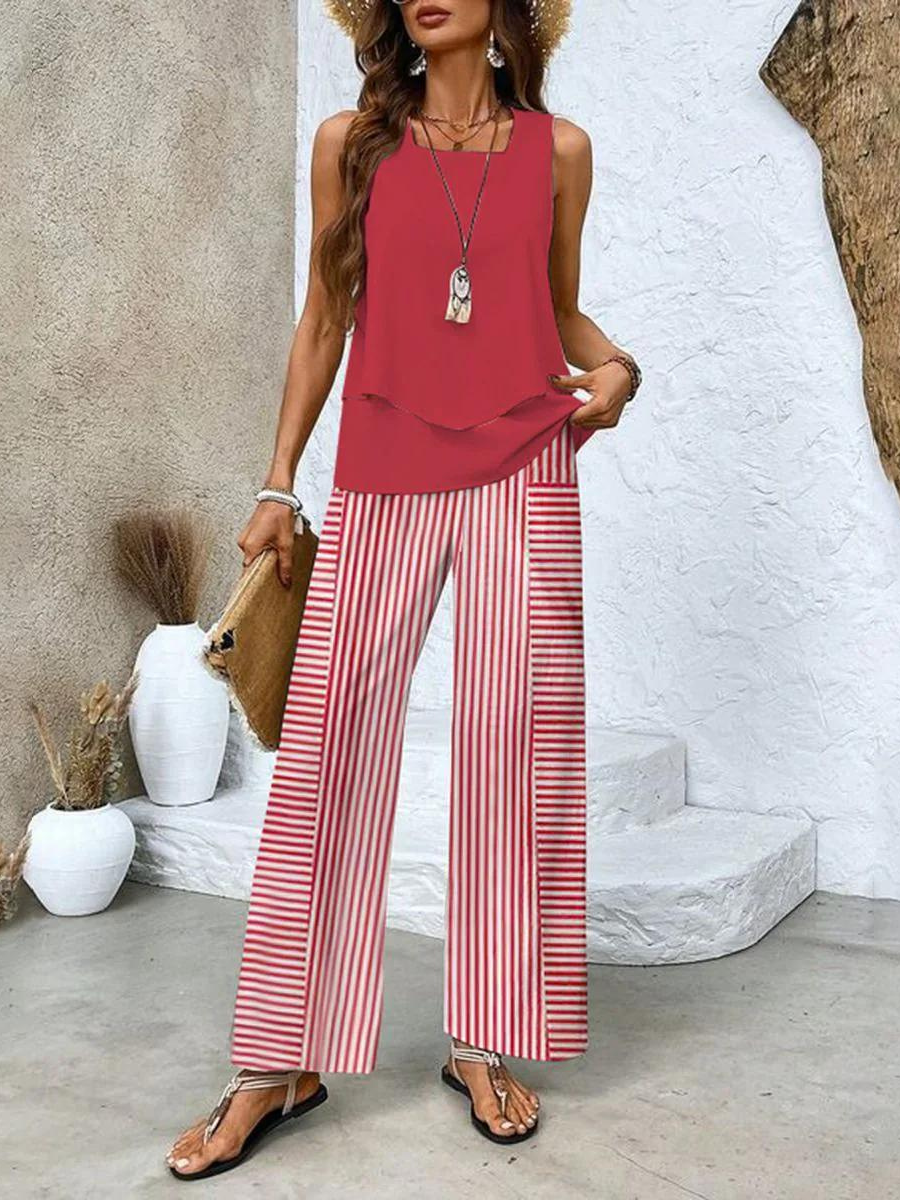 Women's Vacation Sleeveless Blouse and Wide Leg Pants Set