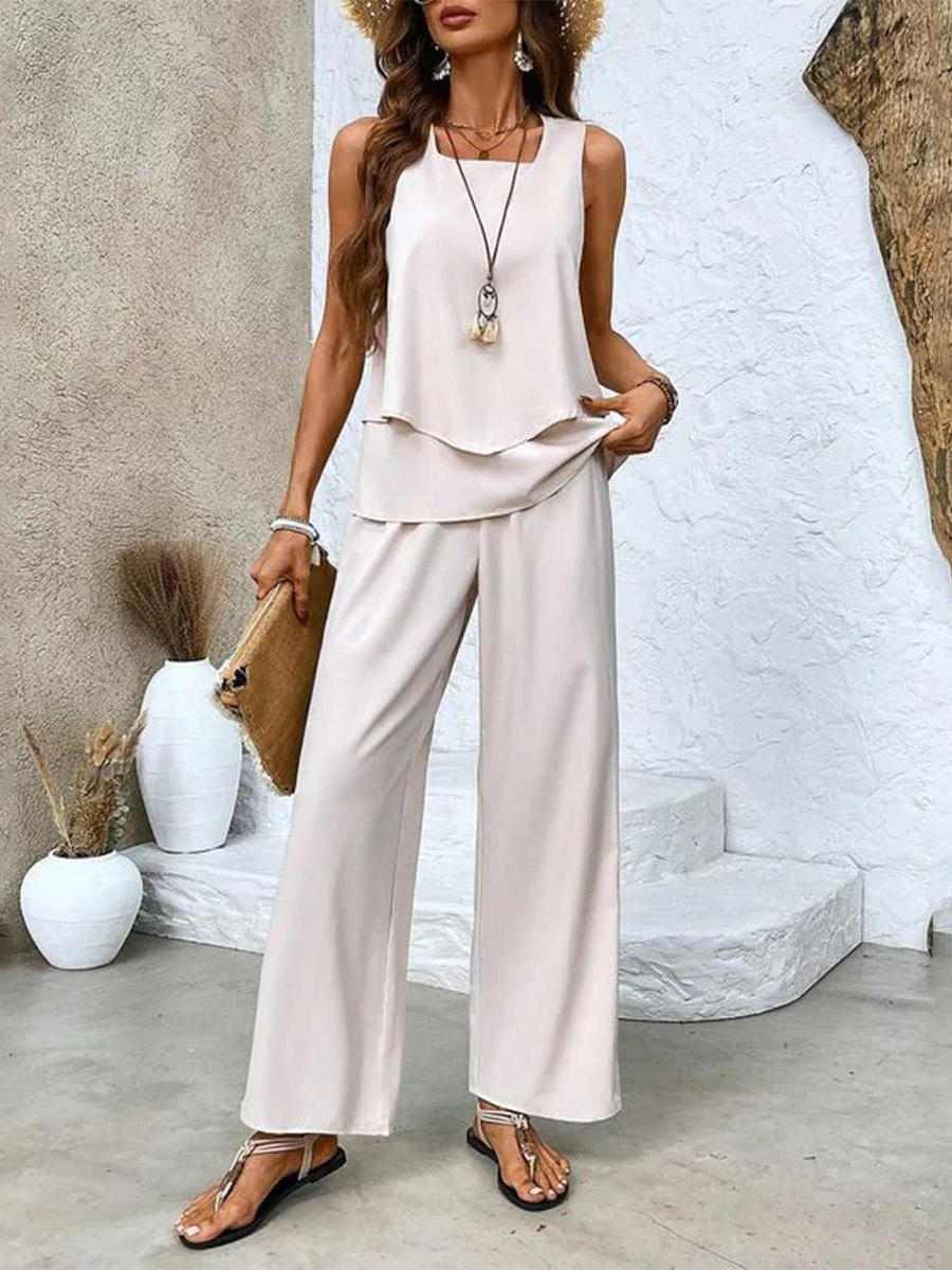Women's Vacation Sleeveless Blouse and Wide Leg Pants Set