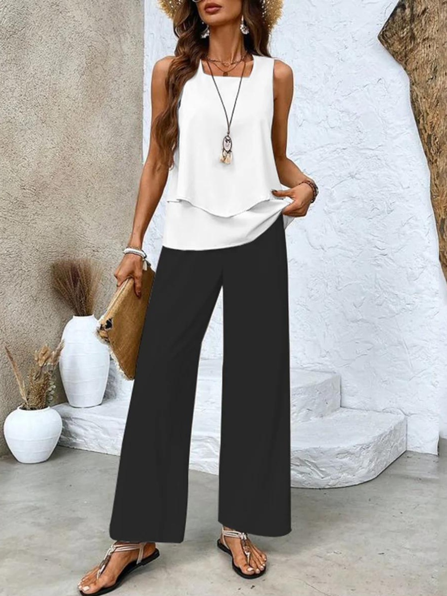 Women's Vacation Sleeveless Blouse and Wide Leg Pants Set