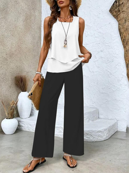 Women's Vacation Sleeveless Blouse and Wide Leg Pants Set