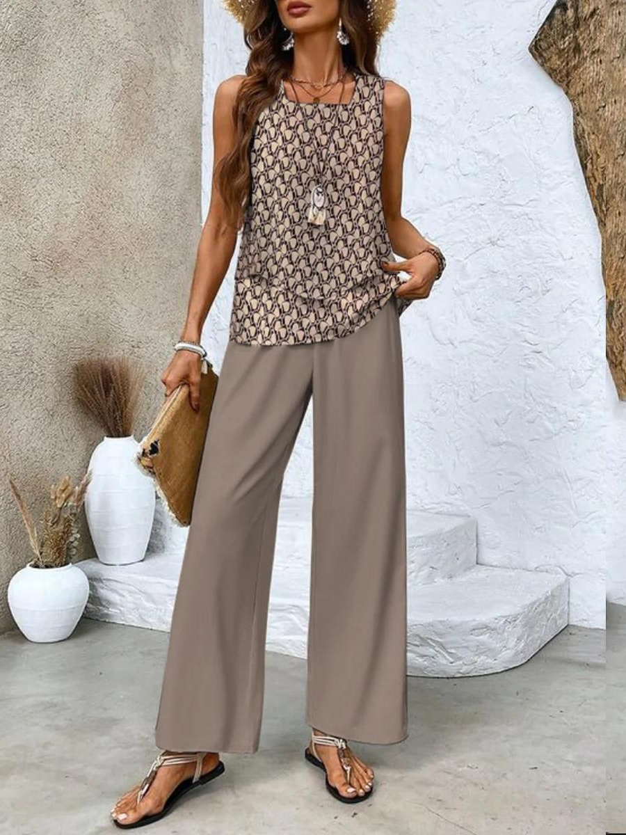 Women's Vacation Sleeveless Blouse and Wide Leg Pants Set
