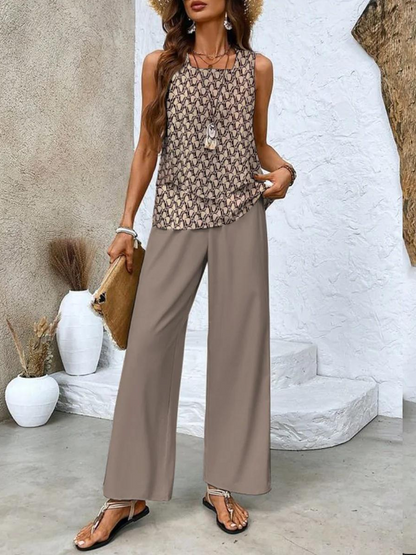 Women's Vacation Sleeveless Blouse and Wide Leg Pants Set