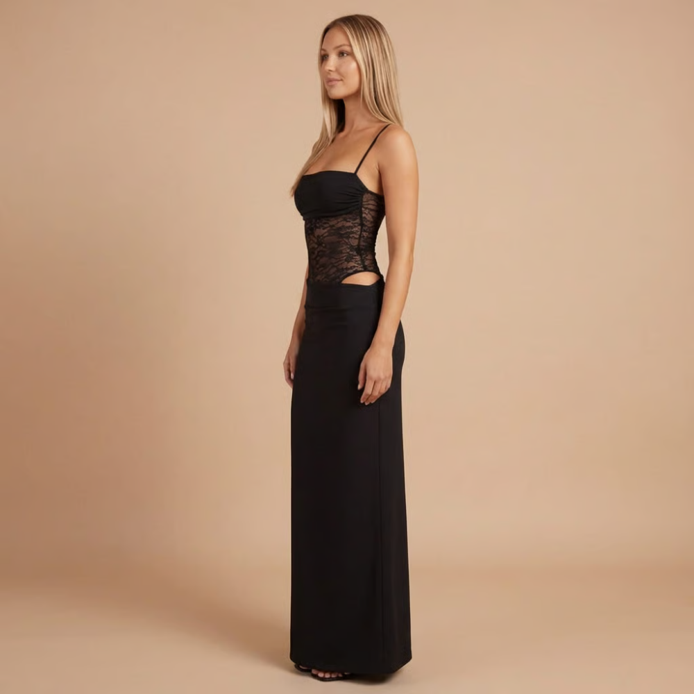 Women's Cocktail Lace Panel Square Neck Maxi Dress