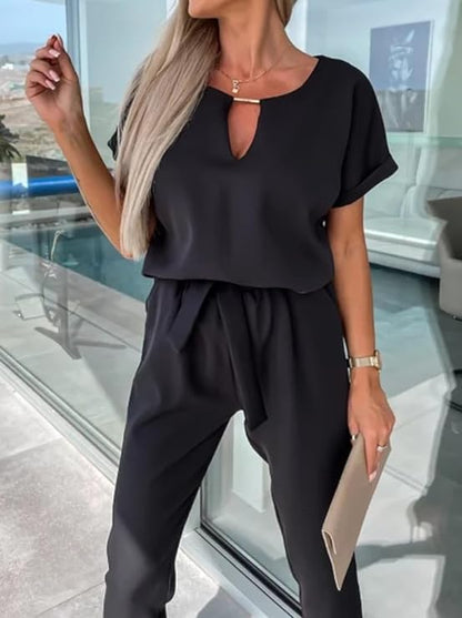 Women's Cocktail V Neck Short Sleeve Ankle Jumpsuit