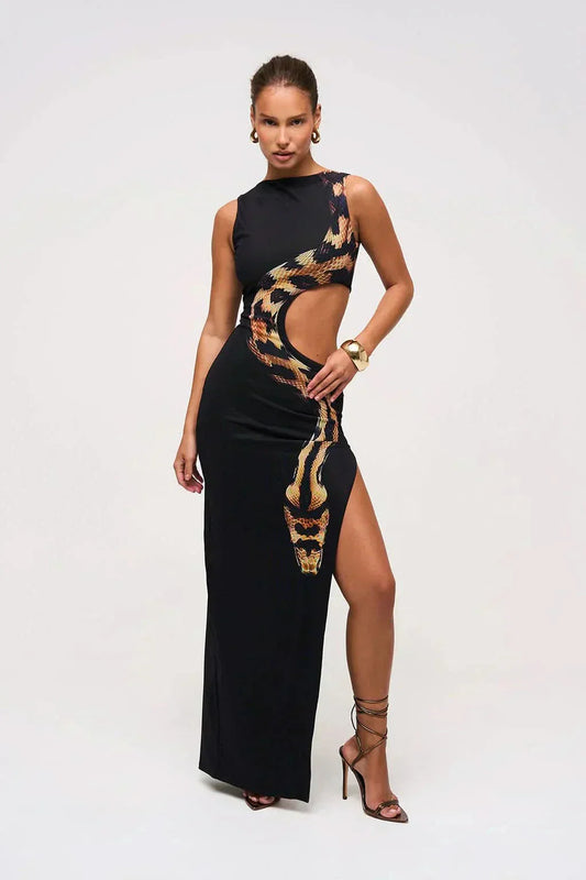 Women's Cocktail Snake Print Cutout Maxi Dress