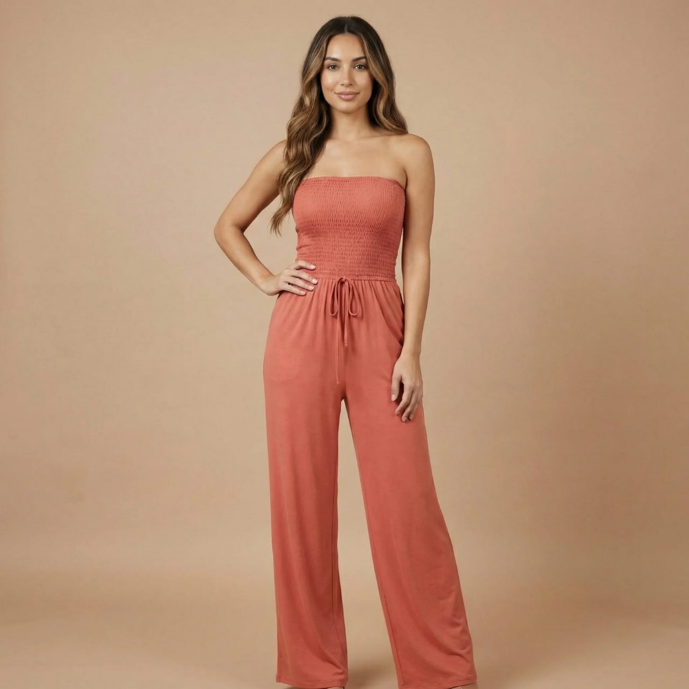 Women's Strapless Wide Leg Jumpsuit With Pockets