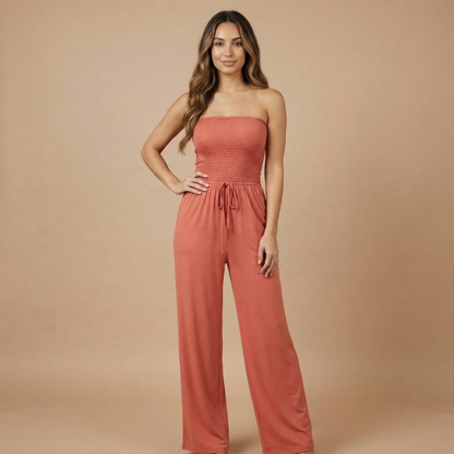 Women's Strapless Wide Leg Jumpsuit With Pockets