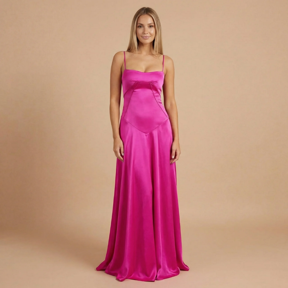 Women's Wedding Guest Satin Square Neck Maxi Dress