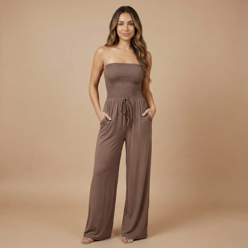 Women's Strapless Wide Leg Jumpsuit With Pockets
