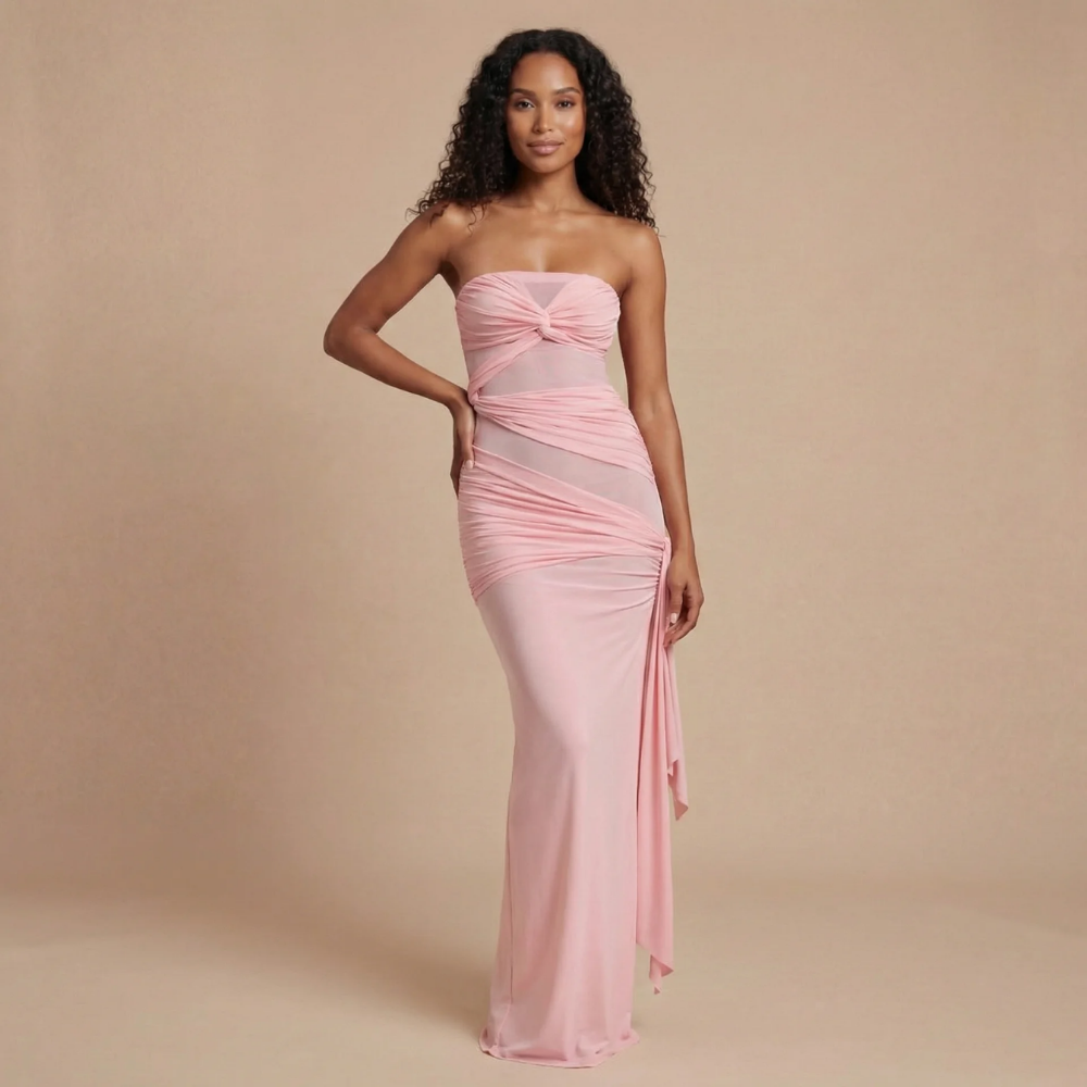 Women's Formal Strapless Ruched Maxi Dress with Mesh