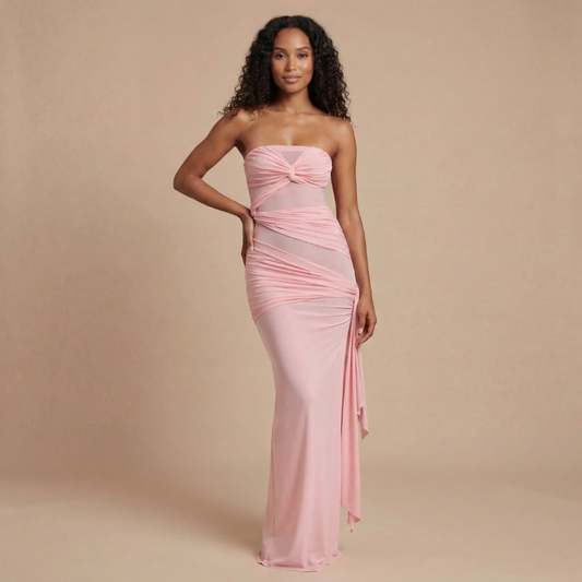 Women's Formal Strapless Ruched Maxi Dress with Mesh