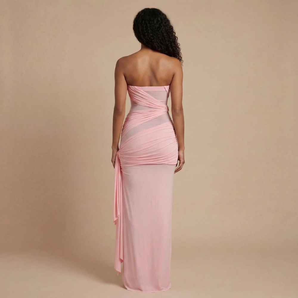 Women's Formal Strapless Ruched Maxi Dress with Mesh
