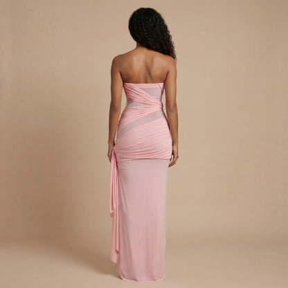 Women's Formal Strapless Ruched Maxi Dress with Mesh