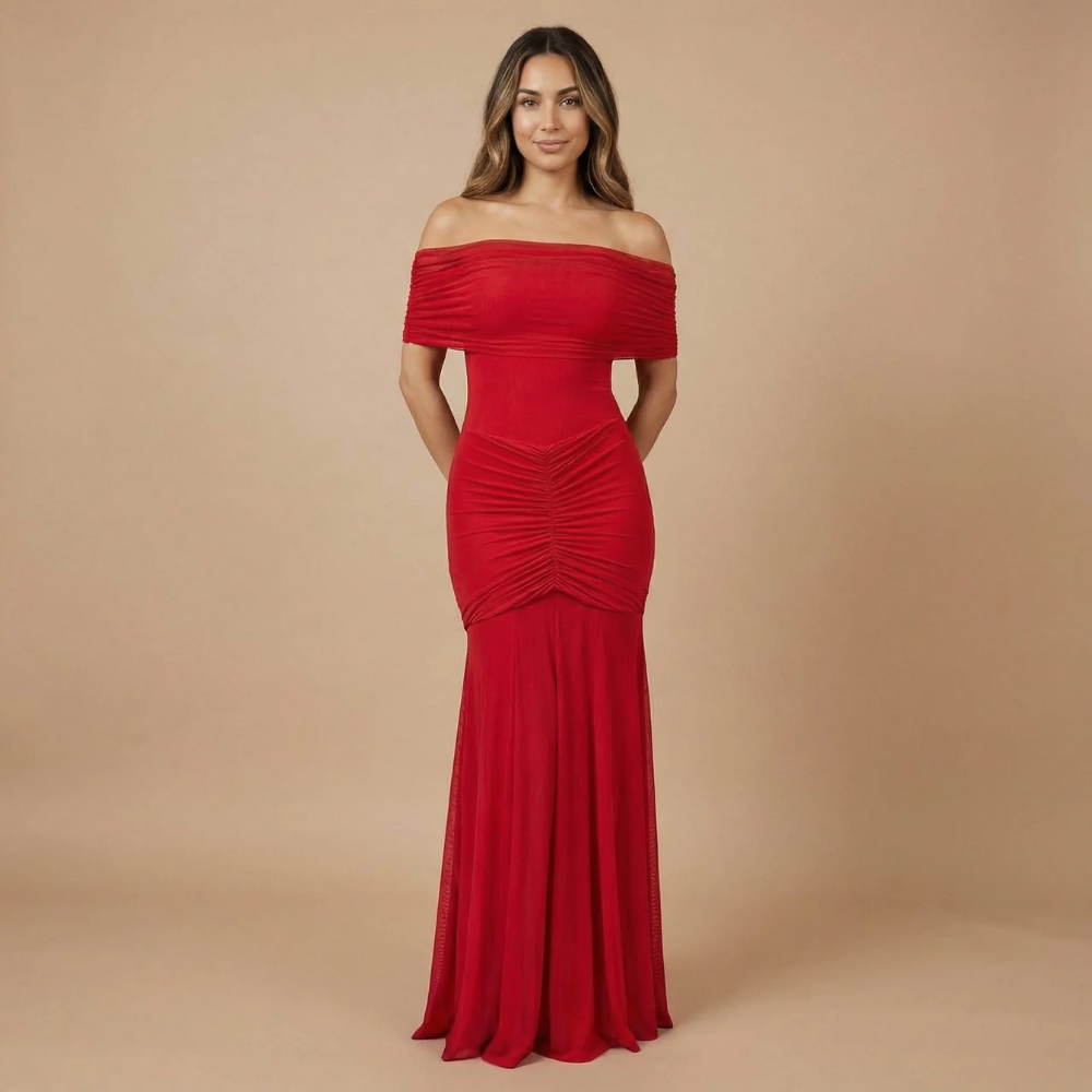 Women's Wedding Guest Off Shoulder Ruched Maxi Dress