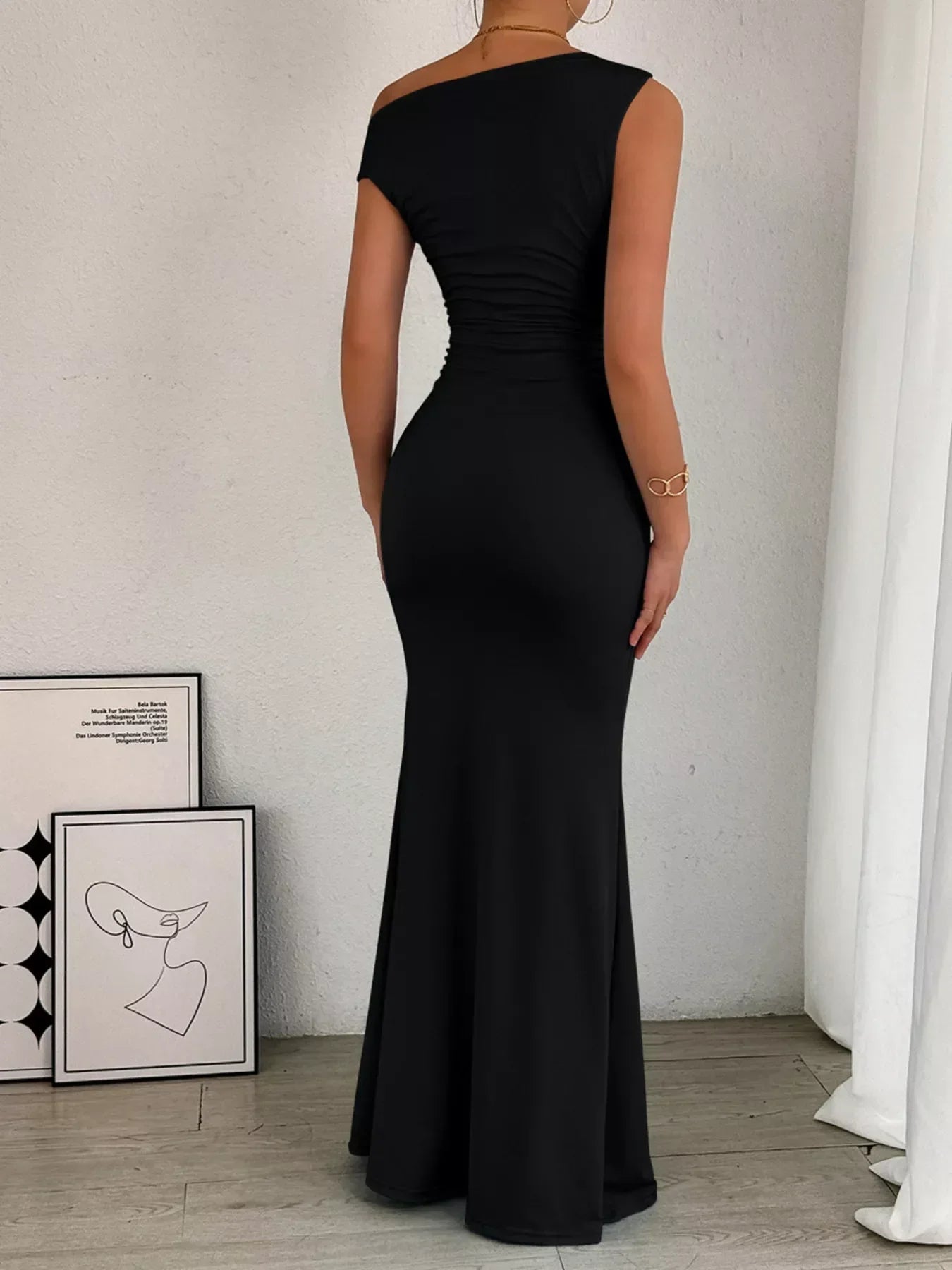 Women's Cocktail One Shoulder Ruched Bodycon Maxi Dress