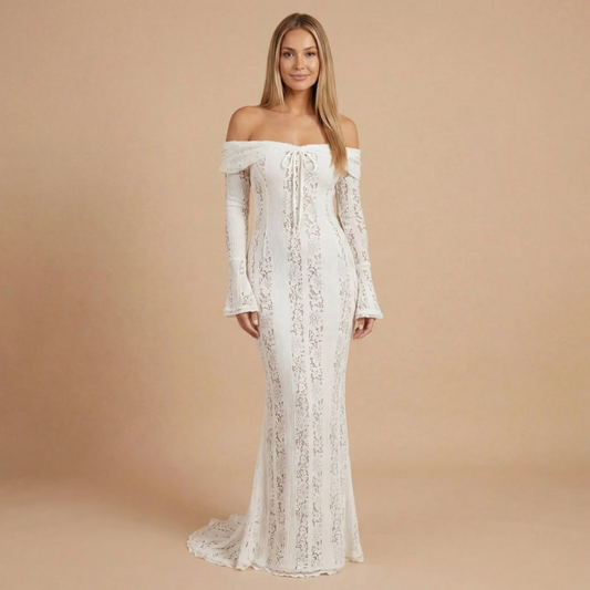 Women's Wedding Guest Off Shoulder Lace Maxi Dress