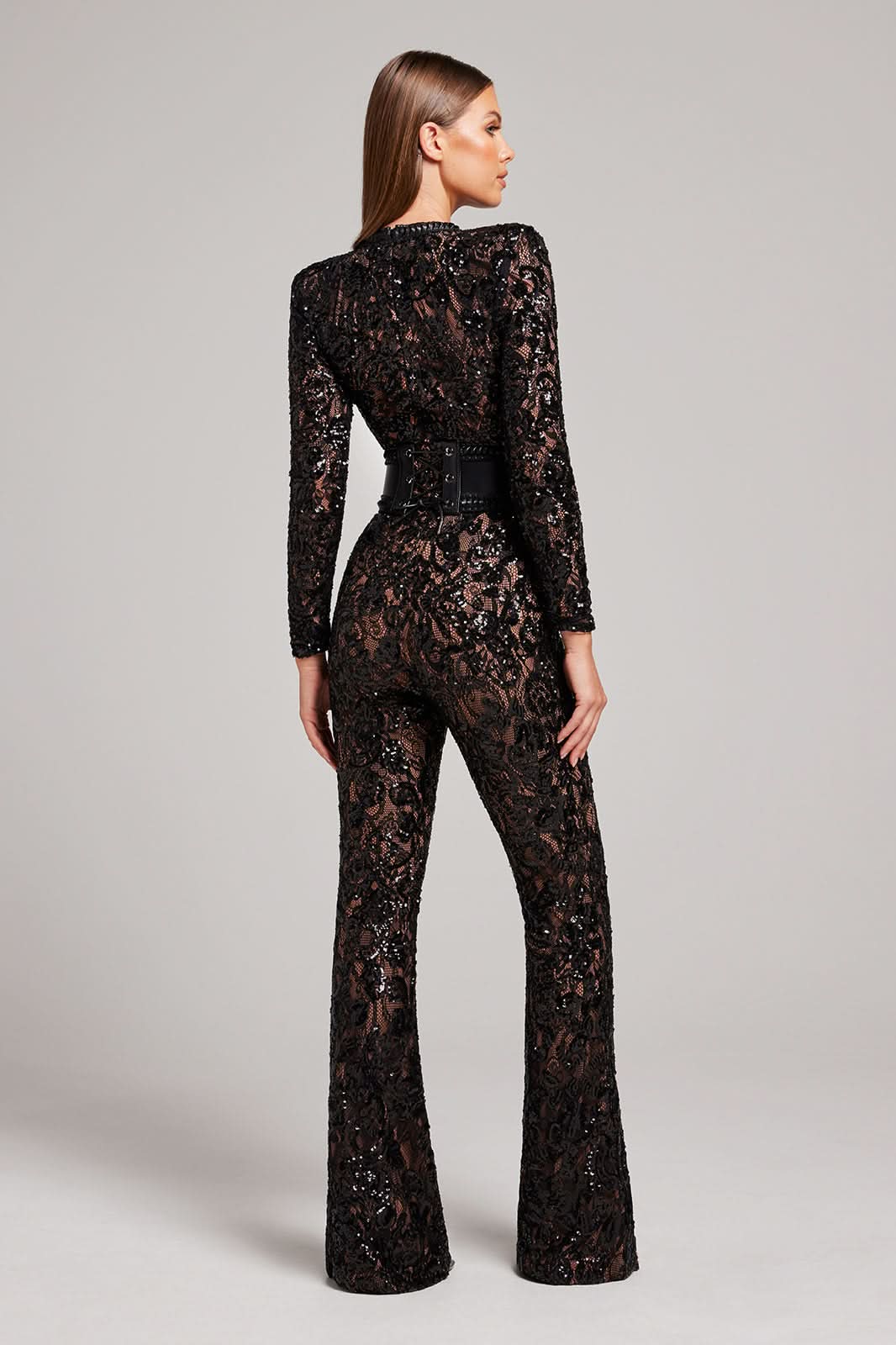 Women's Cocktail Sequin Lace Long Sleeve Wide Leg Jumpsuit