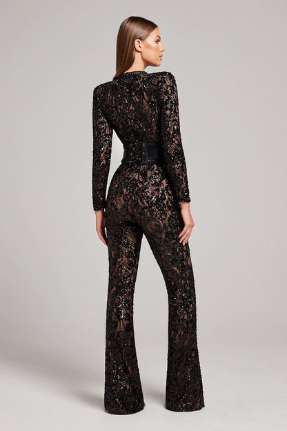 Women's Cocktail Sequin Lace Long Sleeve Wide Leg Jumpsuit