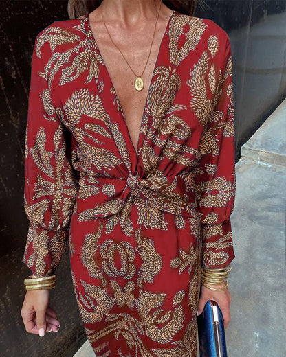 Women's Wedding Guest Floral V Neck Midi Wrap Dress
