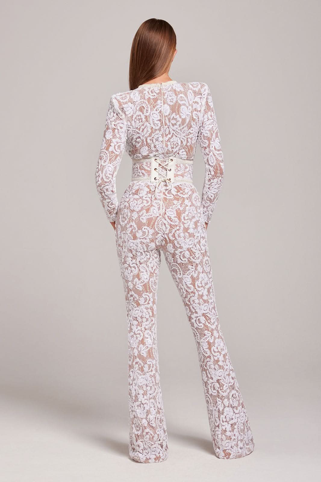 Women's Cocktail Sequin Lace Long Sleeve Wide Leg Jumpsuit