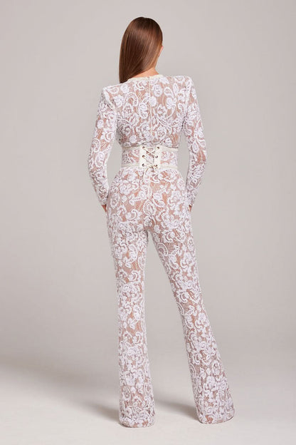 Women's Cocktail Sequin Lace Long Sleeve Wide Leg Jumpsuit