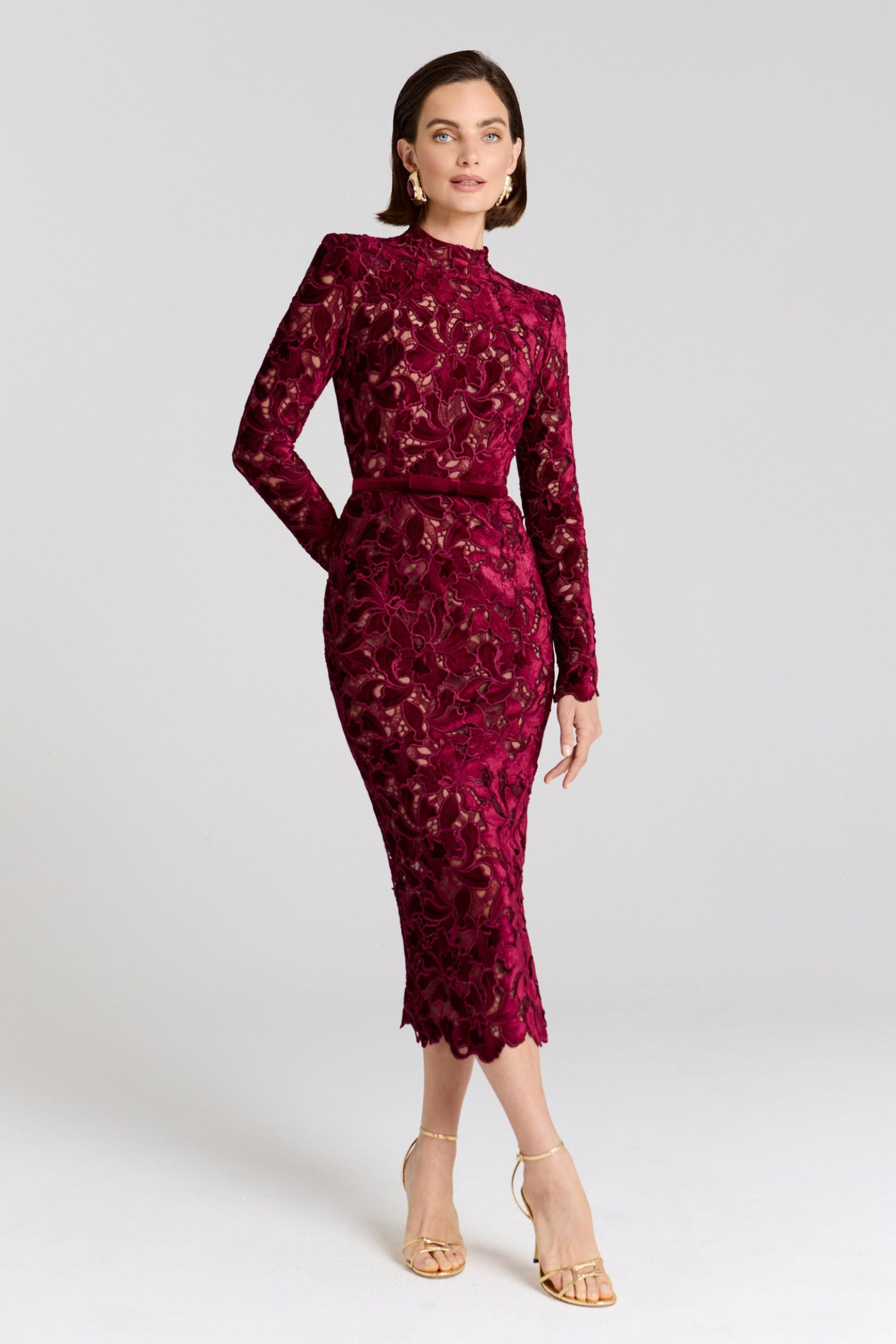 Women's Wedding Guest Lace Long Sleeve Midi Dress