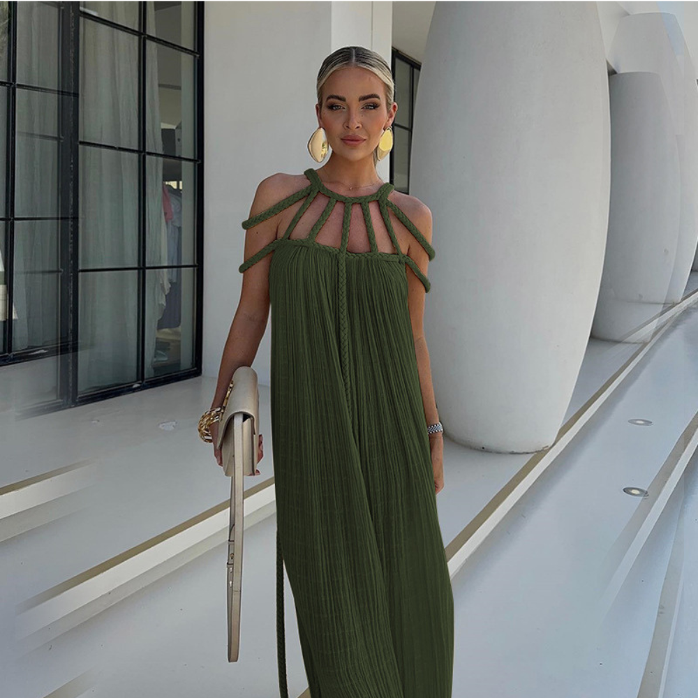 Women's Resort Maxi Cage Neck Column Dress with Belt