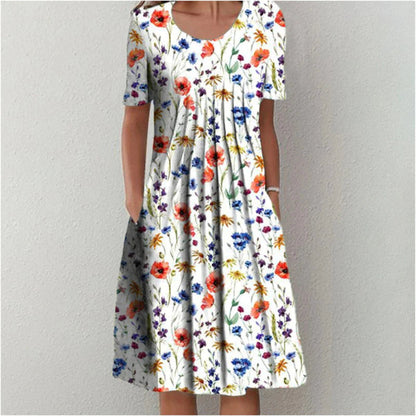 Women's Summer Floral Scoop Neck Midi Dress With Pockets