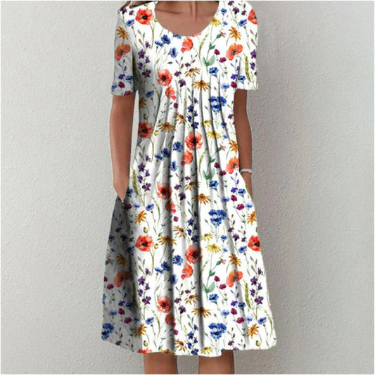 Women's Summer Floral Scoop Neck Midi Dress With Pockets