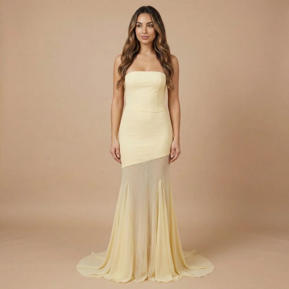 Women's Formal Strapless Maxi Dress With Sheer Mesh Skirt