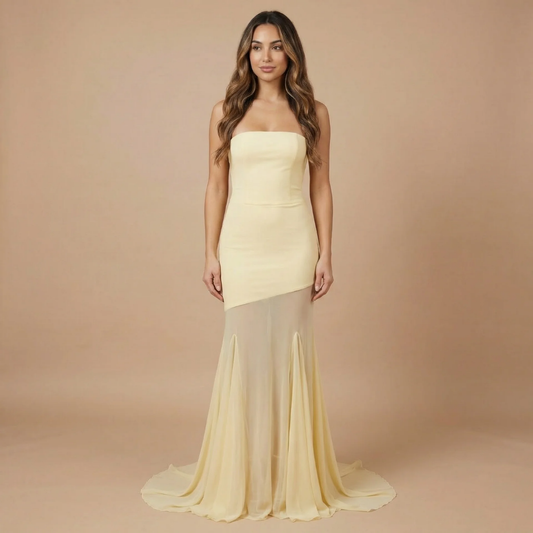 Women's Formal Strapless Maxi Dress With Sheer Mesh Skirt