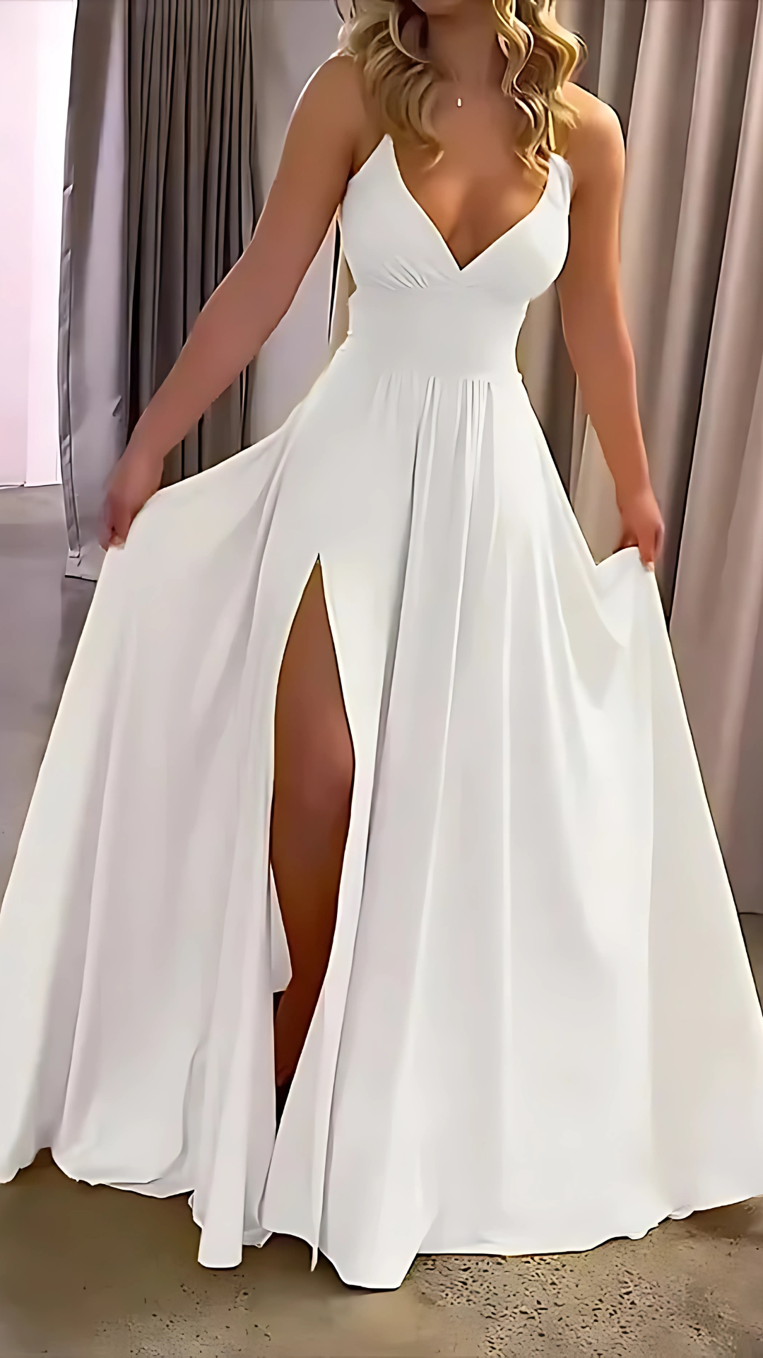 Women's Wedding Guest V Neck Sleeveless Slit Maxi Dress