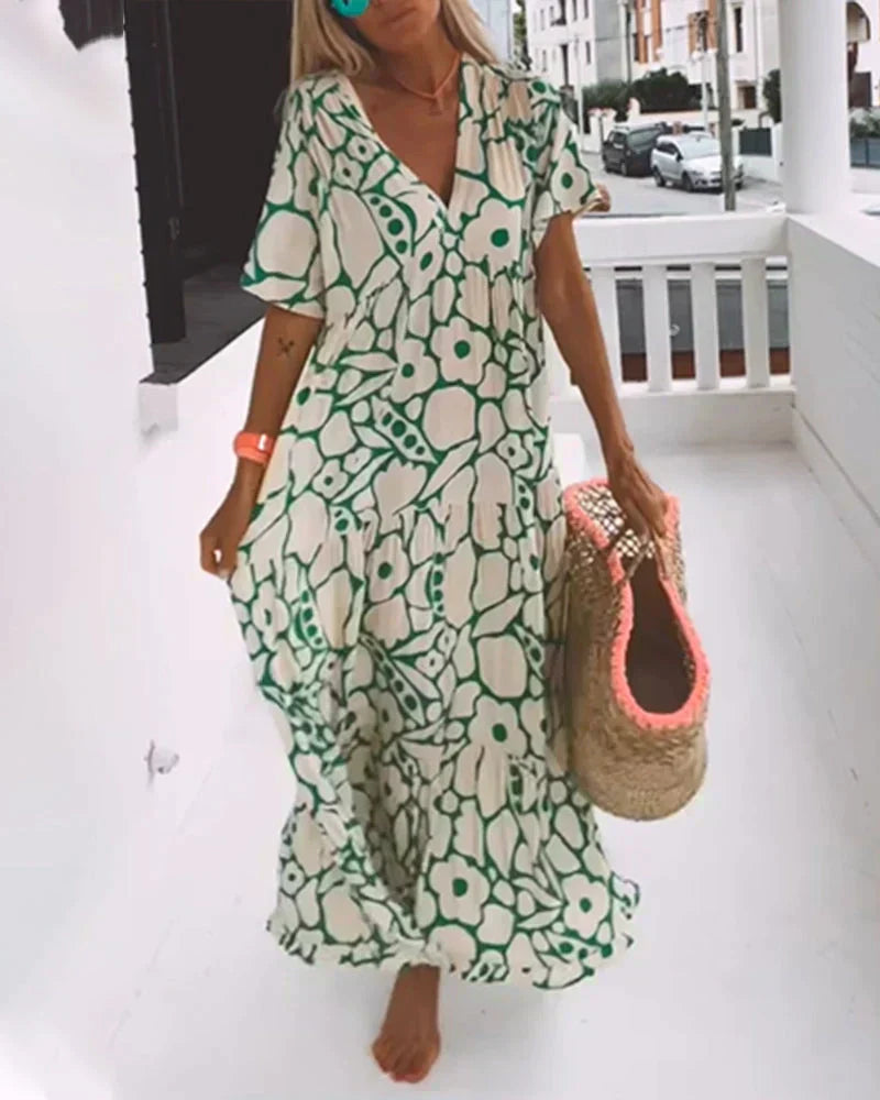 Women's Summer Floral V Neck Flutter Sleeve Maxi Dress