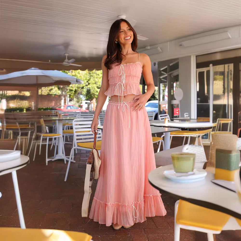 Women's Summer Ruffle Maxi Skirt Set Lace Up Cami