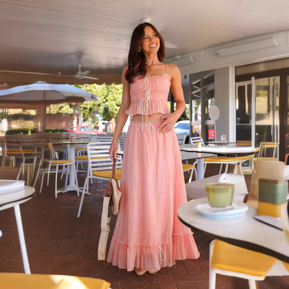 Women's Summer Ruffle Maxi Skirt Set Lace Up Cami