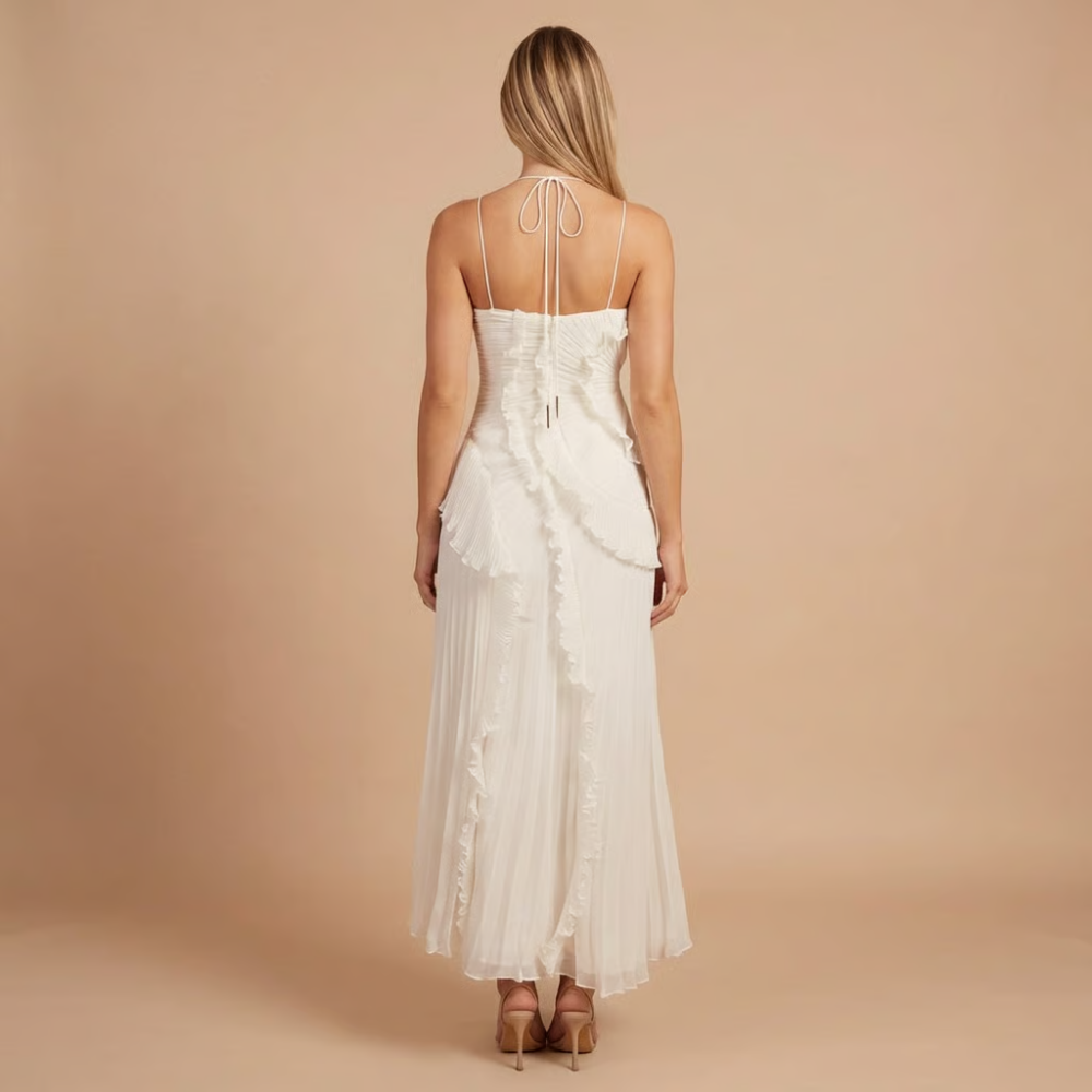 Women's Wedding Guest Halter Ruffle Maxi Dress