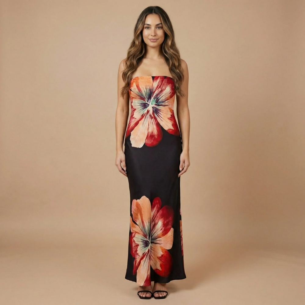 Women's Wedding Guest Floral Strapless Maxi Dress