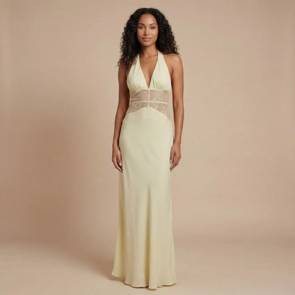 Women's Wedding Guest Halter V Neck Maxi Dress