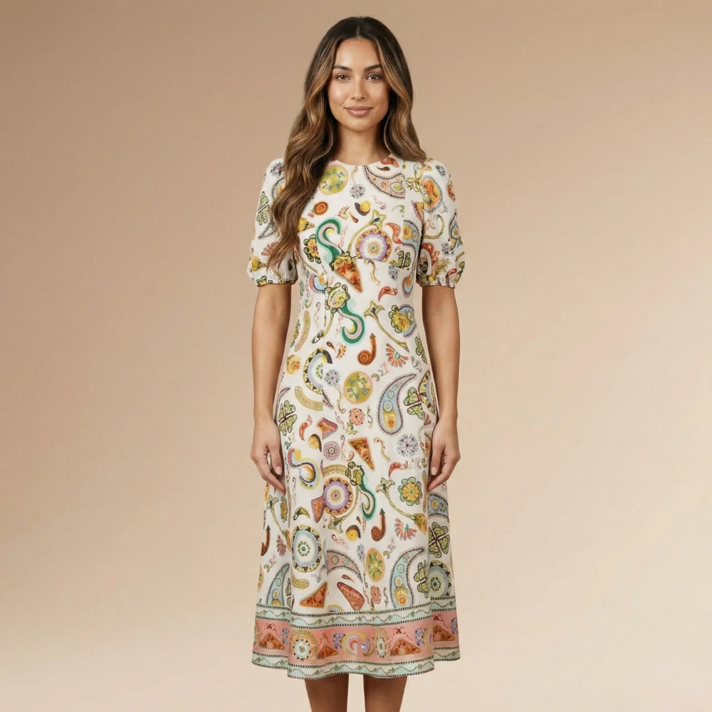 Women's Wedding Guest Paisley Puff Sleeve Midi Dress
